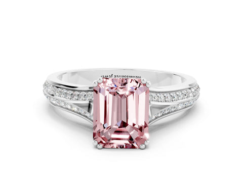 White gold Emerald Cut Morganite Split Shank Engagement Ring with Pavé Band