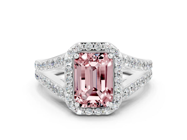 Platinum Emerald Cut Morganite Split Shank Halo Ring with Four-Prong Setting