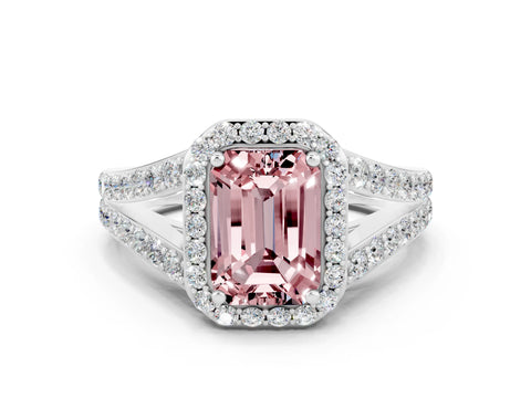 White gold Emerald Cut Morganite Split Shank Halo Ring with Four-Prong Setting_12