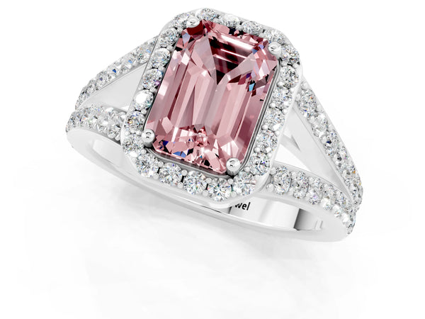 Platinum Emerald Cut Morganite Split Shank Halo Ring with Four-Prong Setting