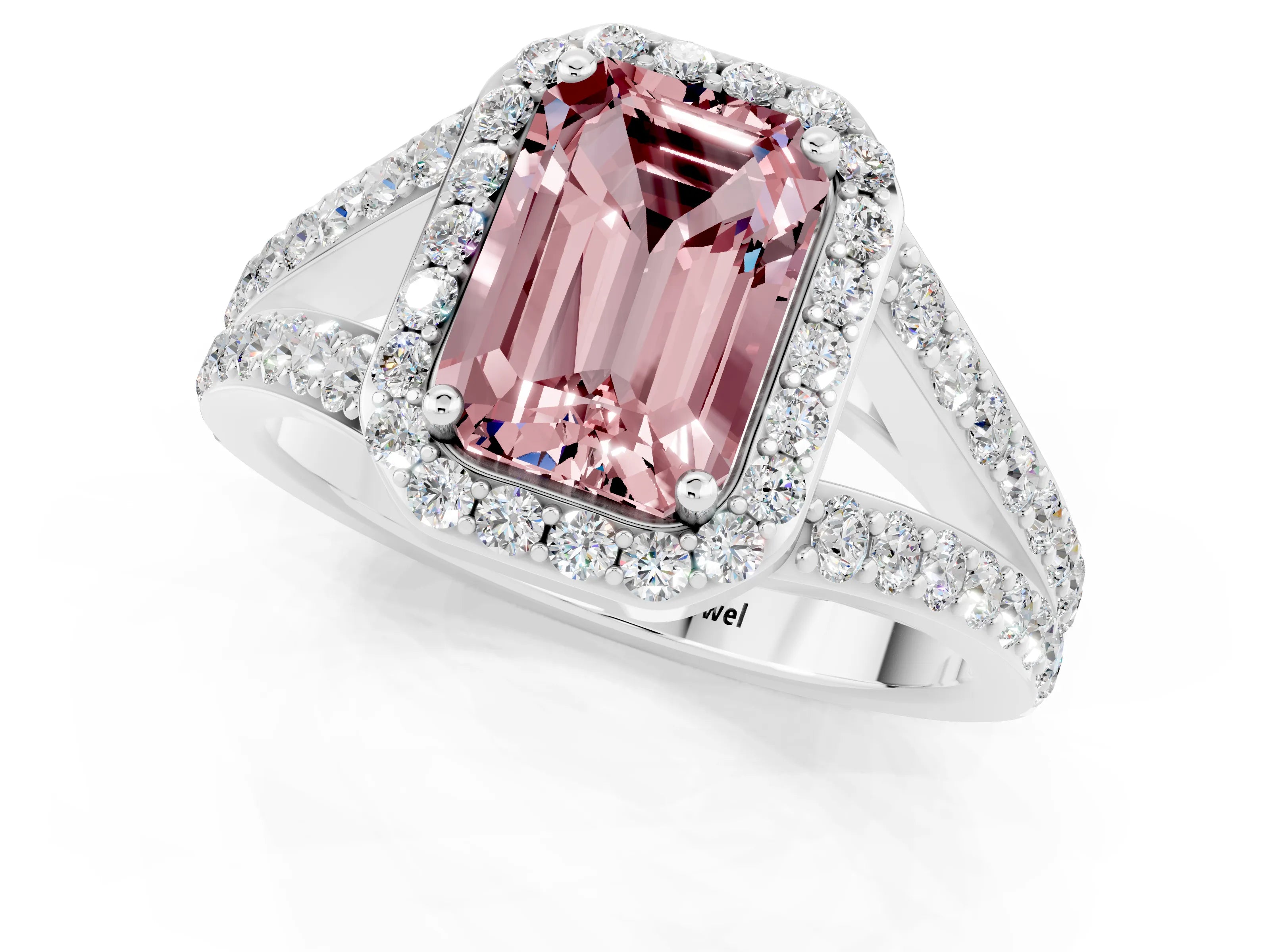 White gold Emerald Cut Morganite Split Shank Halo Ring with Four-Prong Setting_13