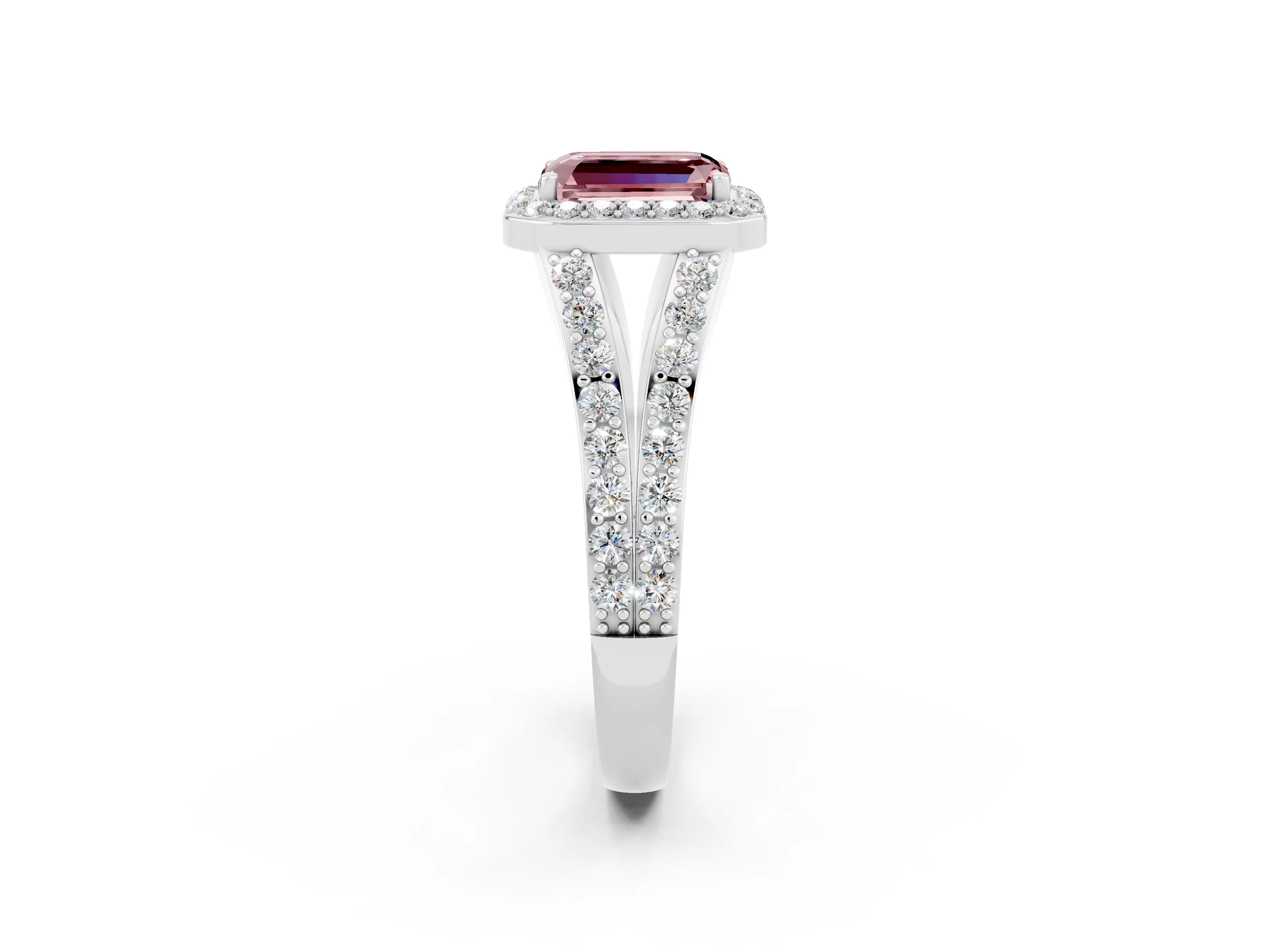 White gold Emerald Cut Morganite Split Shank Halo Ring with Four-Prong Setting_14