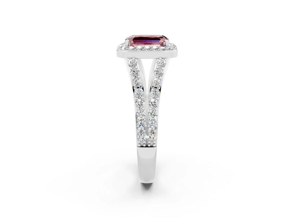 Silver Emerald Cut Morganite Split Shank Halo Ring with Four-Prong Setting
