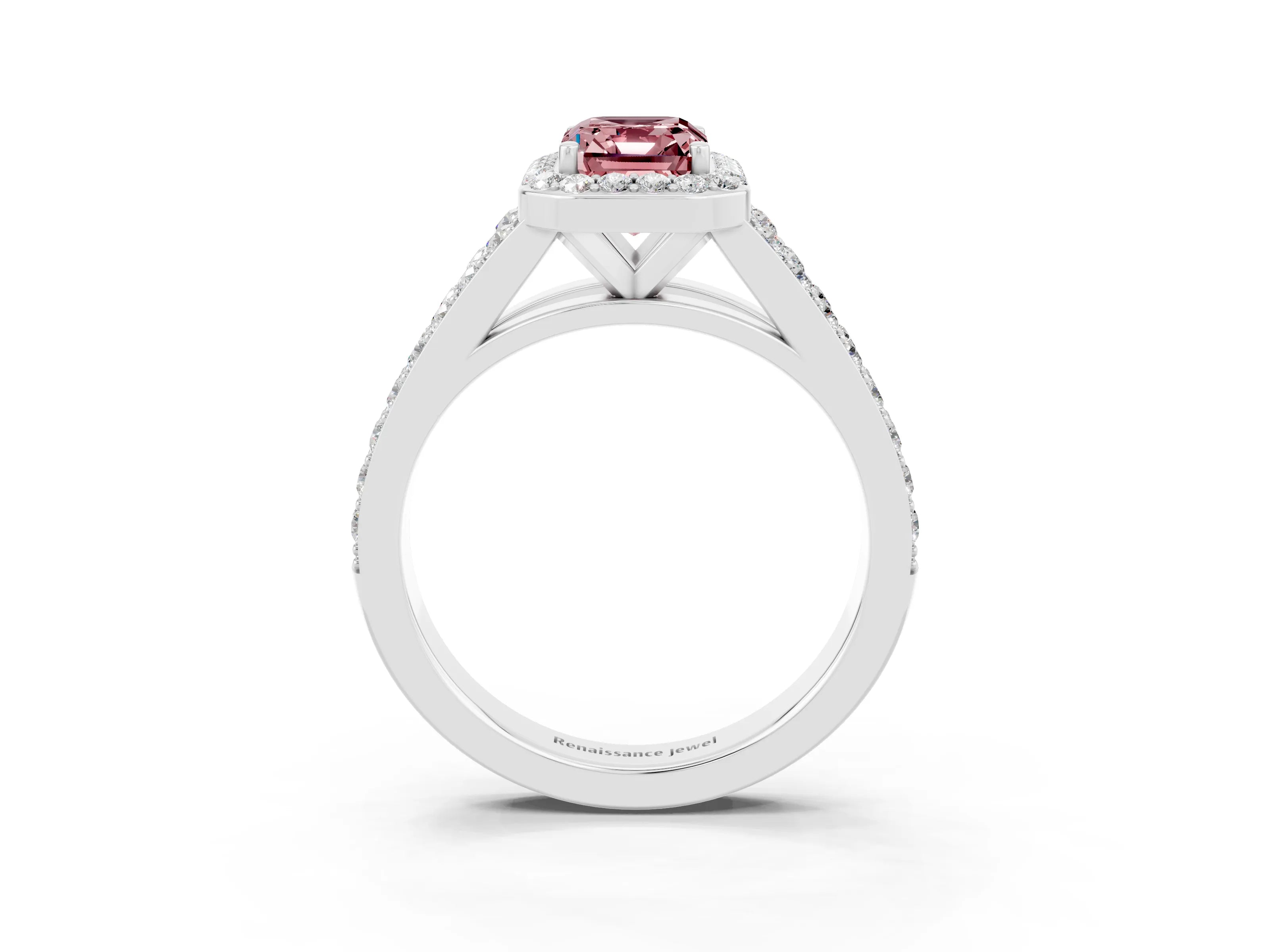 White gold Emerald Cut Morganite Split Shank Halo Ring with Four-Prong Setting_15