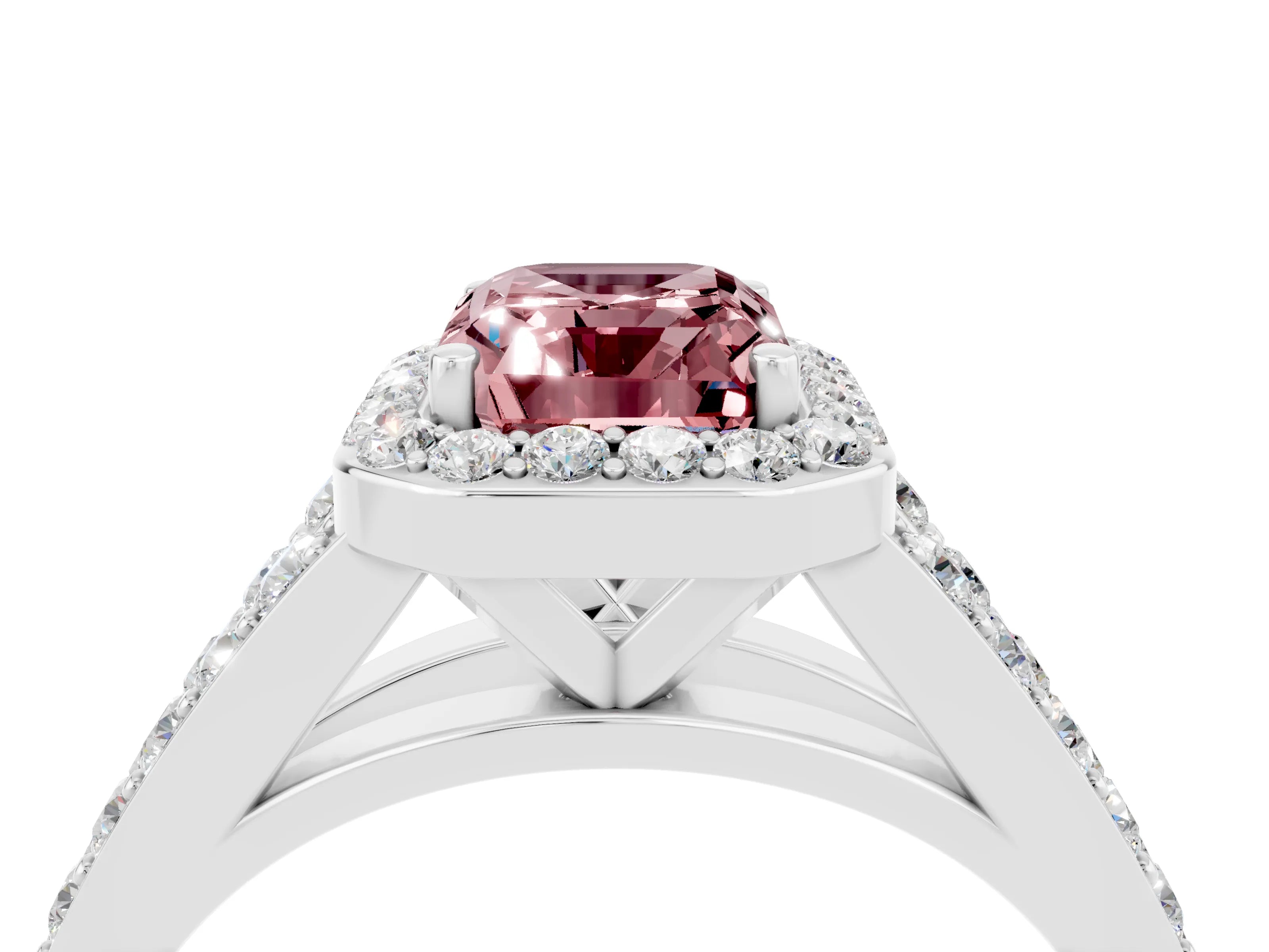 White gold Emerald Cut Morganite Split Shank Halo Ring with Four-Prong Setting_16