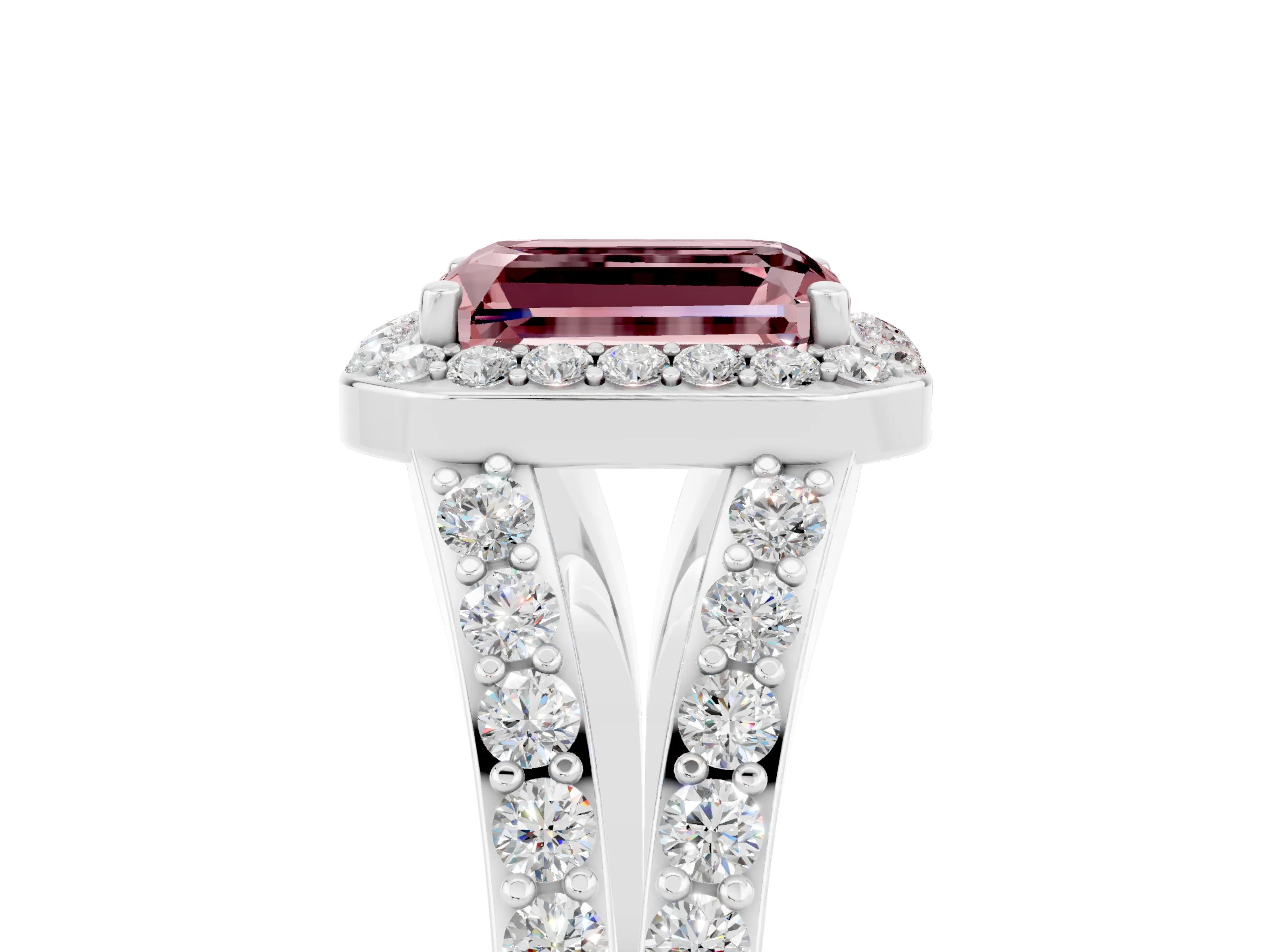 White gold Emerald Cut Morganite Split Shank Halo Ring with Four-Prong Setting_17