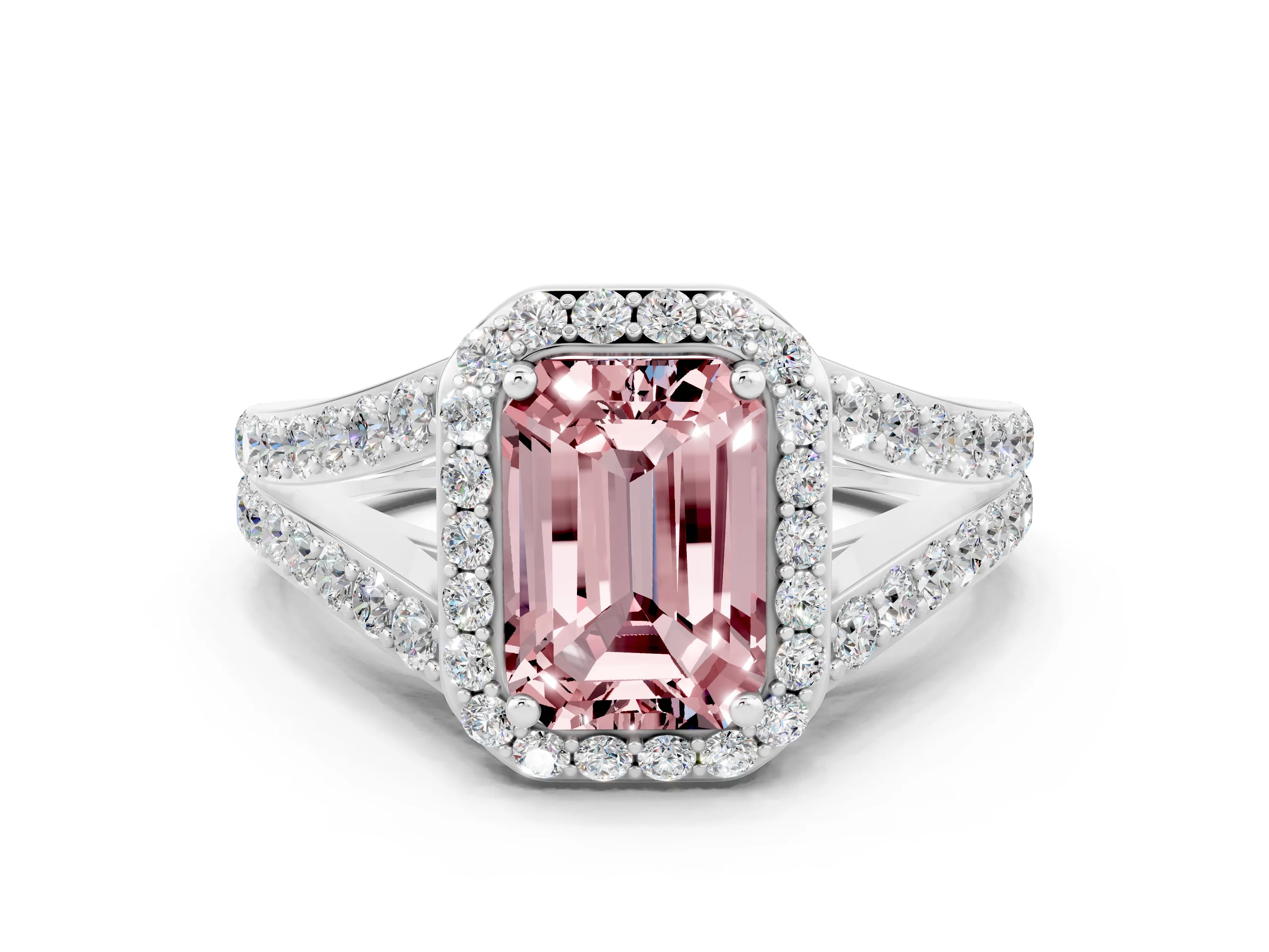 White gold Emerald Cut Morganite Split Shank Halo Ring with Four-Prong Setting_24