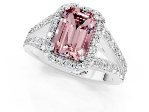 White gold Emerald Cut Morganite Split Shank Halo Ring with Four-Prong Setting_25