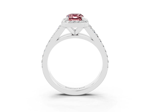 White gold Emerald Cut Morganite Split Shank Halo Ring with Four-Prong Setting