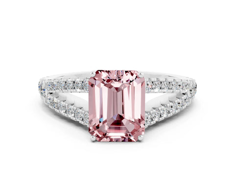 White gold Emerald Cut Morganite Split Shank Pavé Engagement Ring with Four-Prong Setting_12