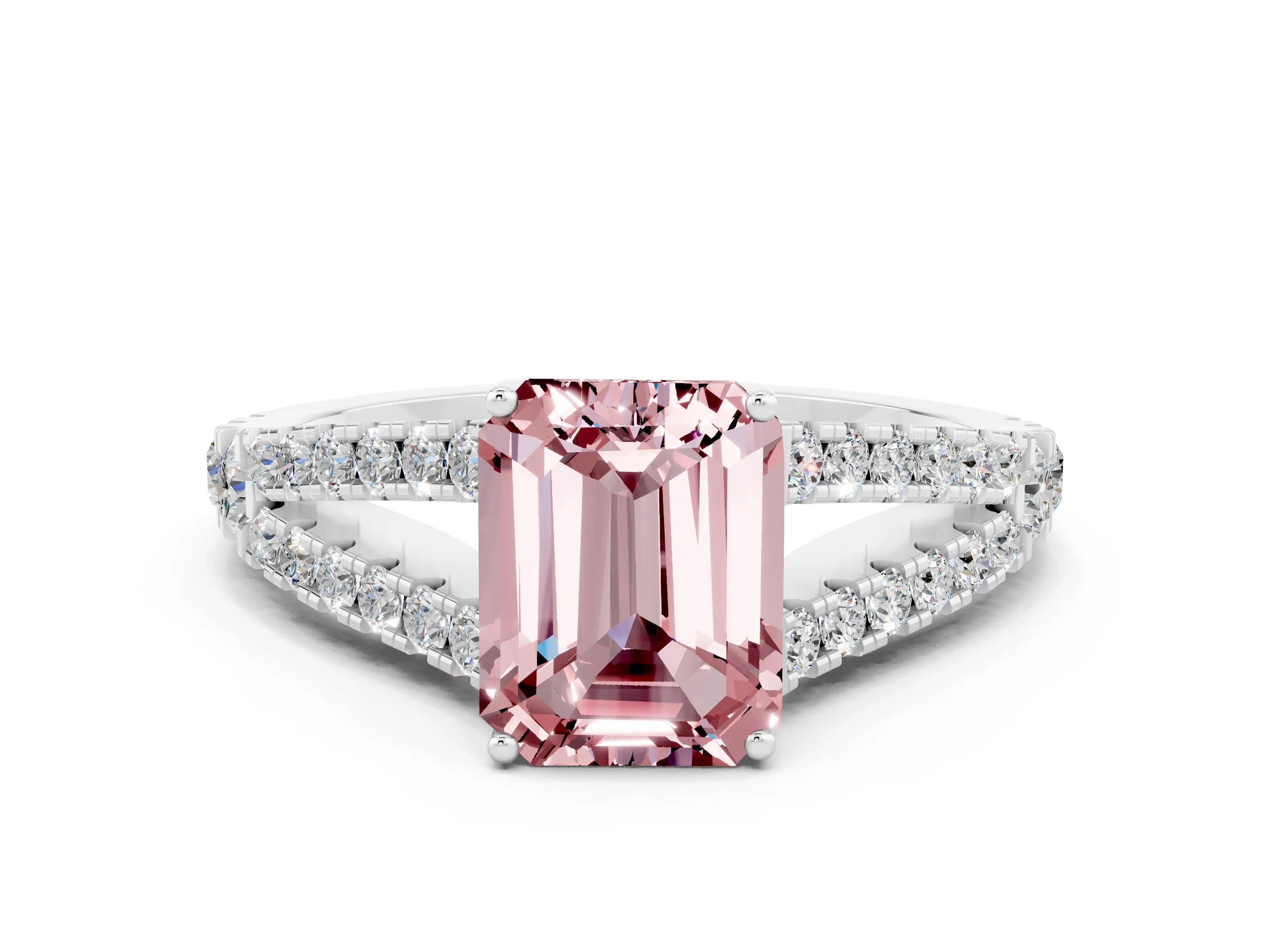 White gold Emerald Cut Morganite Split Shank Pavé Engagement Ring with Four-Prong Setting_12