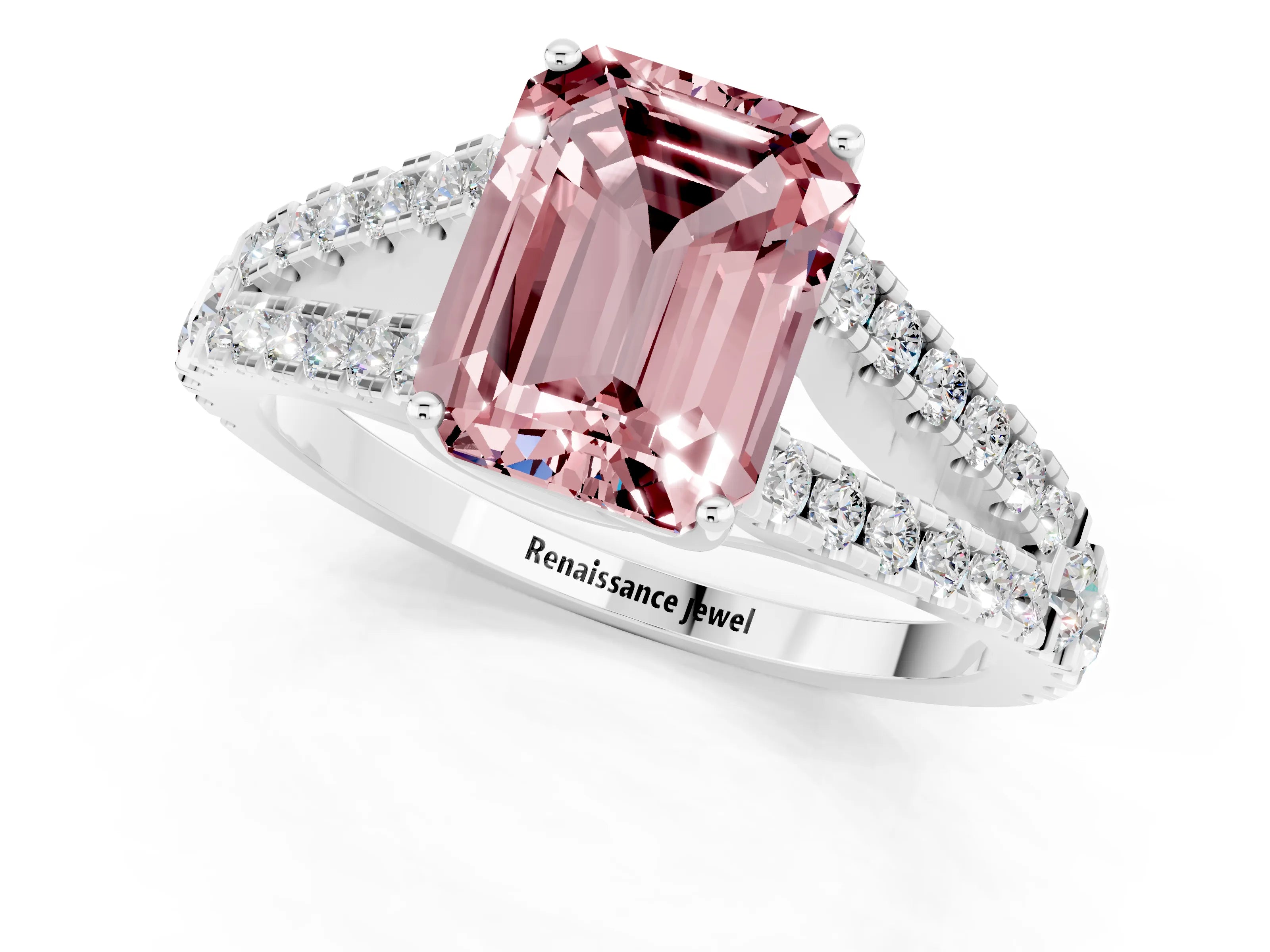 White gold Emerald Cut Morganite Split Shank Pavé Engagement Ring with Four-Prong Setting_13