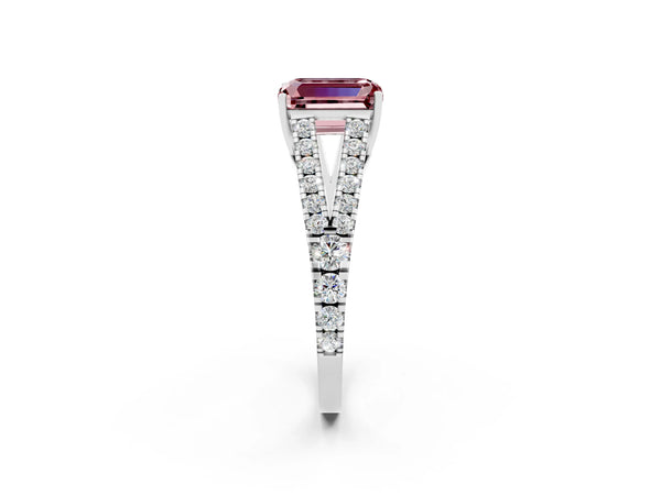 Platinum Emerald Cut Morganite Split Shank Pavé Engagement Ring with Four-Prong Setting