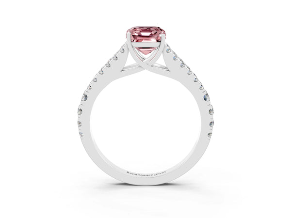 Platinum Emerald Cut Morganite Split Shank Pavé Engagement Ring with Four-Prong Setting