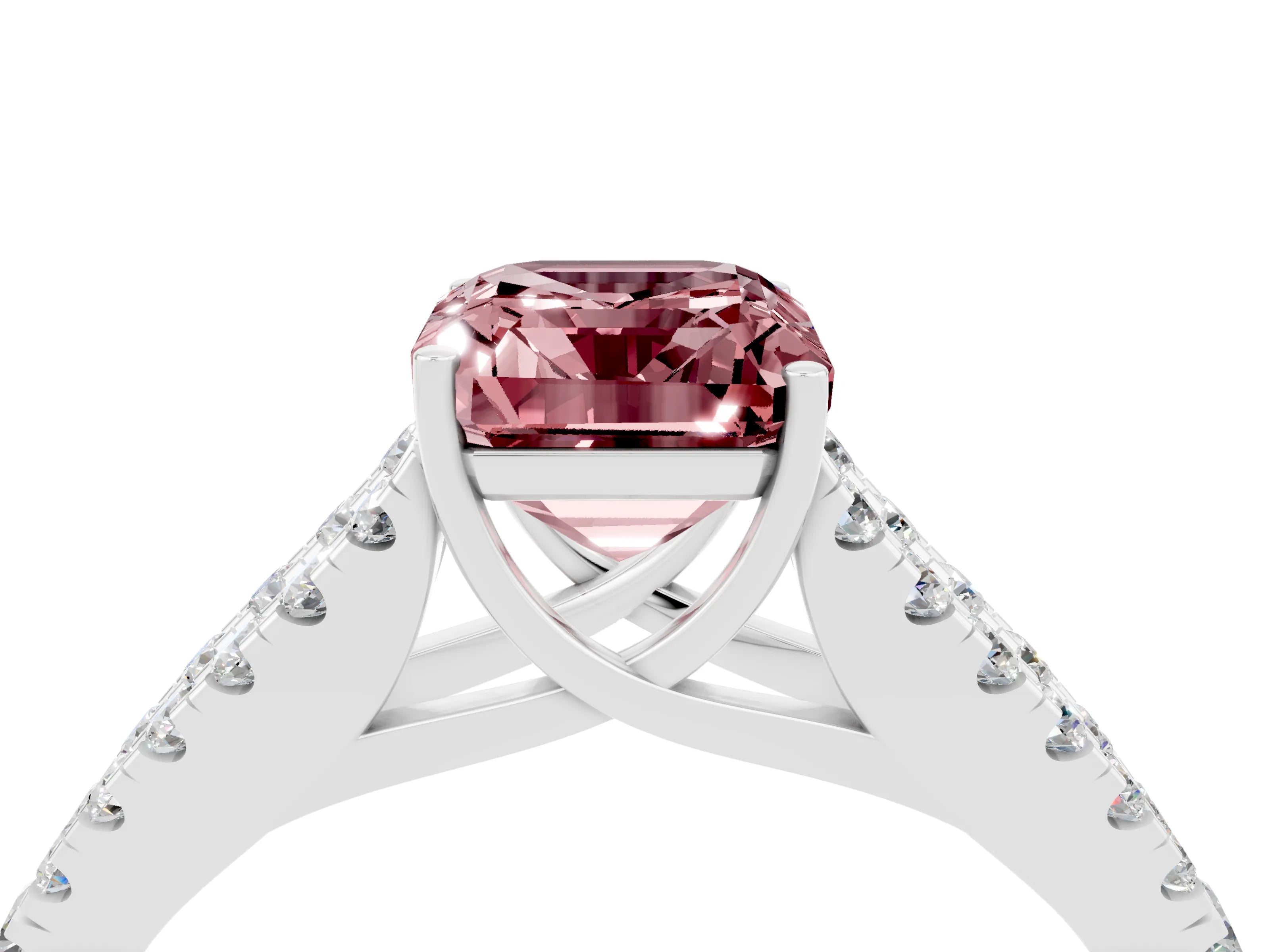 White gold Emerald Cut Morganite Split Shank Pavé Engagement Ring with Four-Prong Setting_16