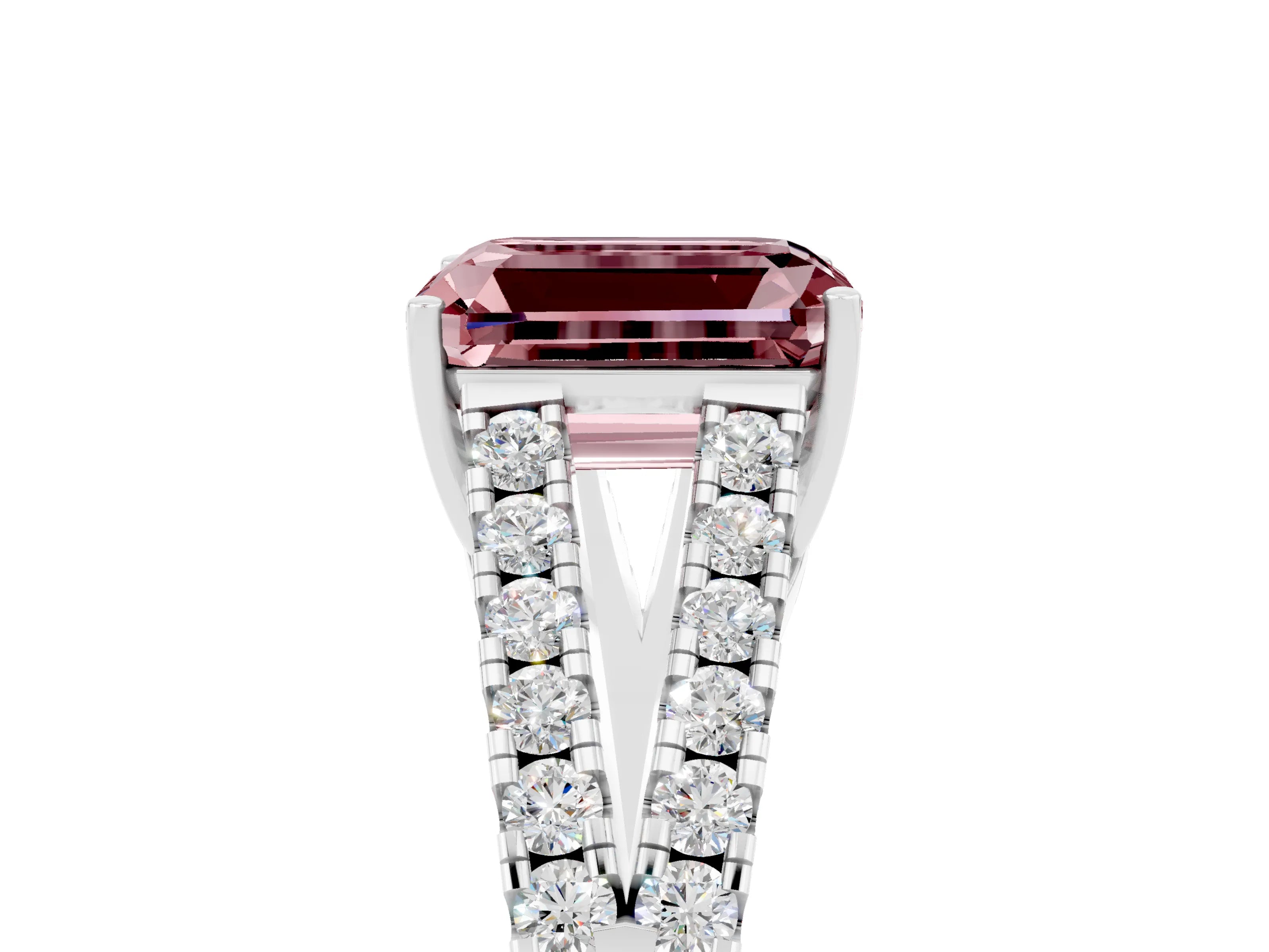 White gold Emerald Cut Morganite Split Shank Pavé Engagement Ring with Four-Prong Setting_17