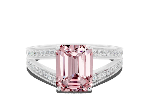 Platinum Emerald Cut Morganite Split Shank Ring with Pavé Band and Four-Prong Setting