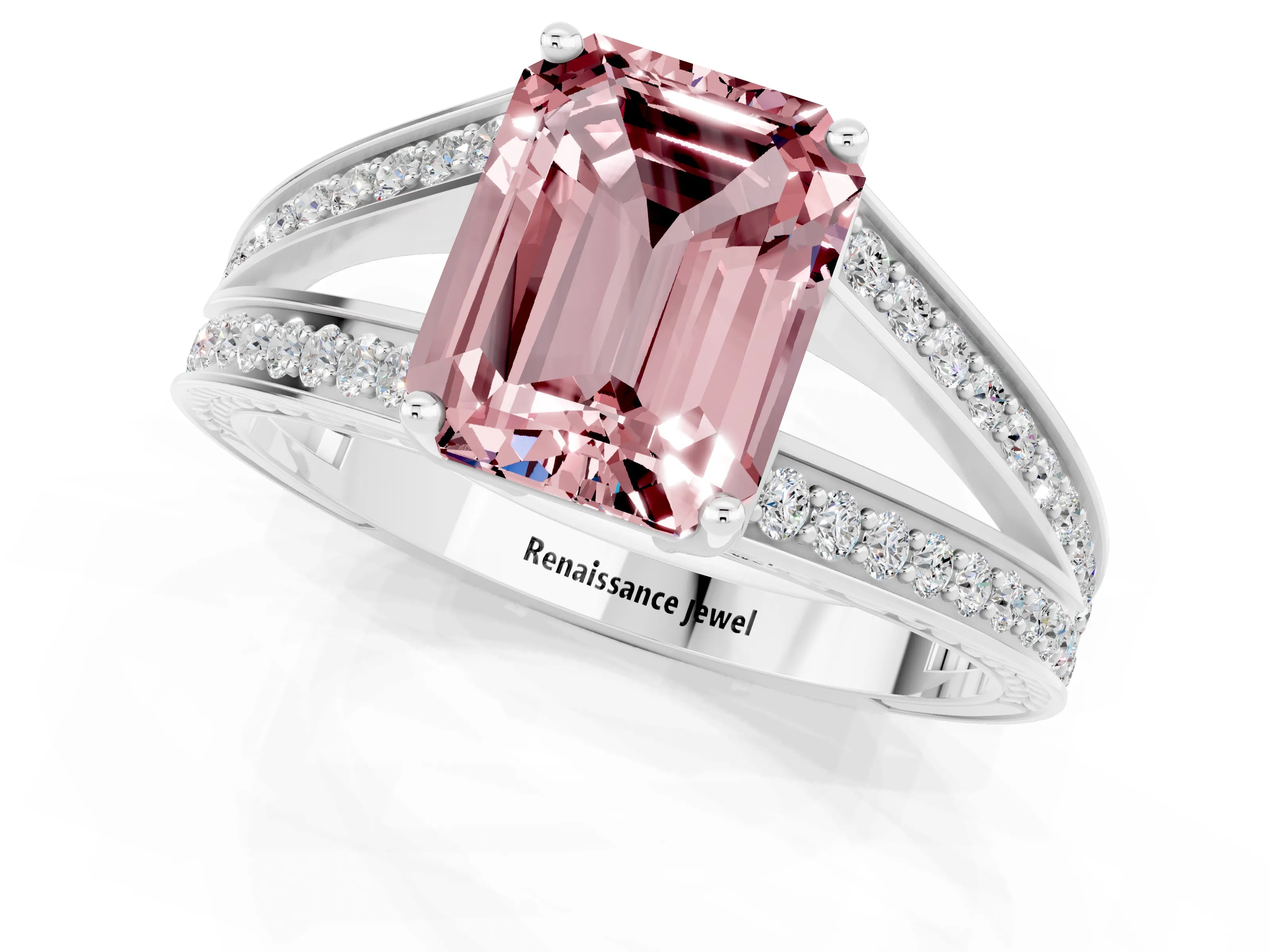 White gold Emerald Cut Morganite Split Shank Ring with Pavé Band and Four-Prong Setting_1