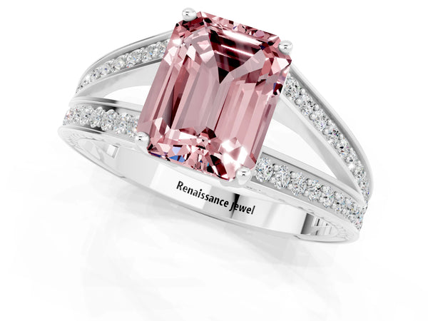 Silver Emerald Cut Morganite Split Shank Ring with Pavé Band and Four-Prong Setting