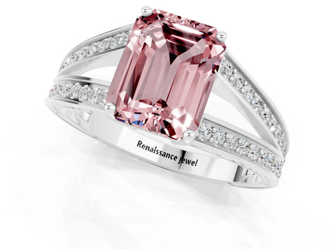 White gold Emerald Cut Morganite Split Shank Ring with Pavé Band and Four-Prong Setting_1