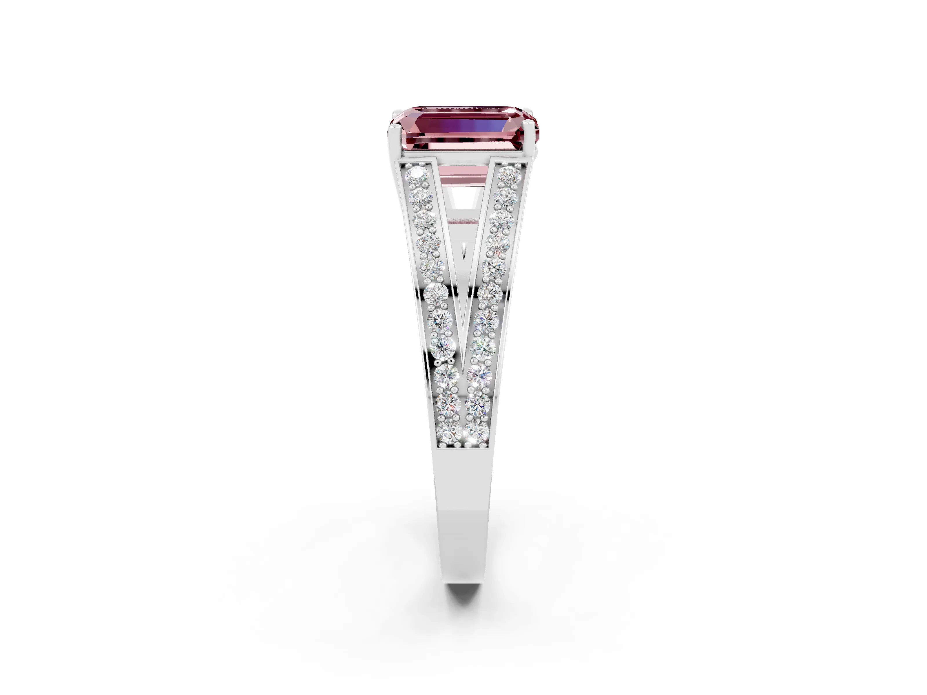 White gold Emerald Cut Morganite Split Shank Ring with Pavé Band and Four-Prong Setting_2