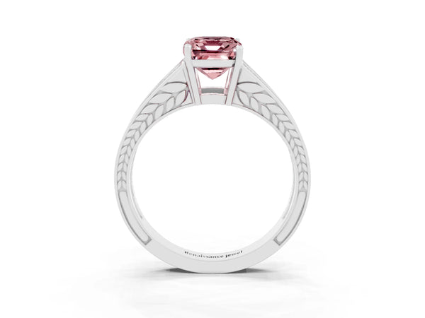 White gold Emerald Cut Morganite Split Shank Ring with Pavé Band and Four-Prong Setting