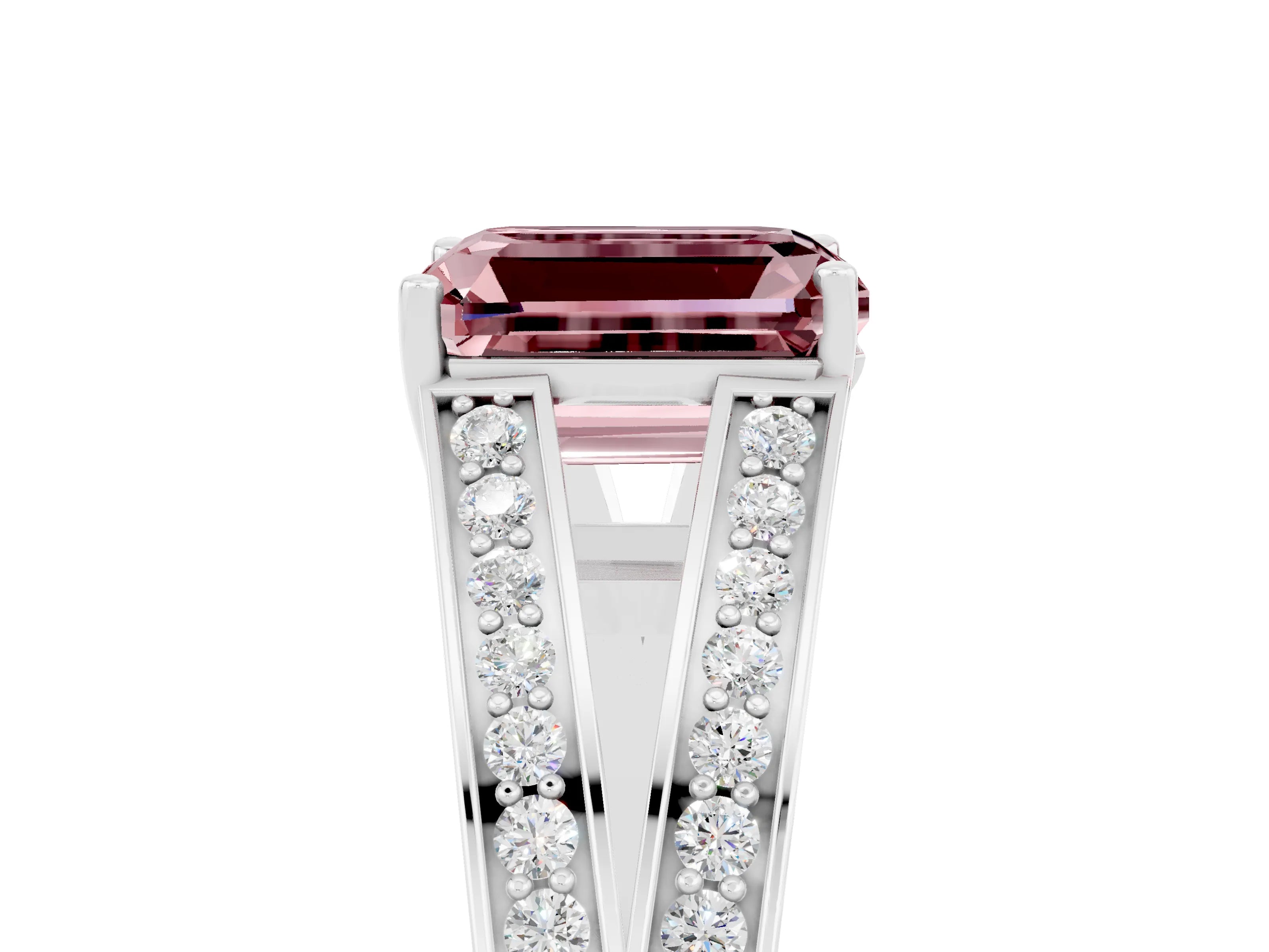 White gold Emerald Cut Morganite Split Shank Ring with Pavé Band and Four-Prong Setting_5