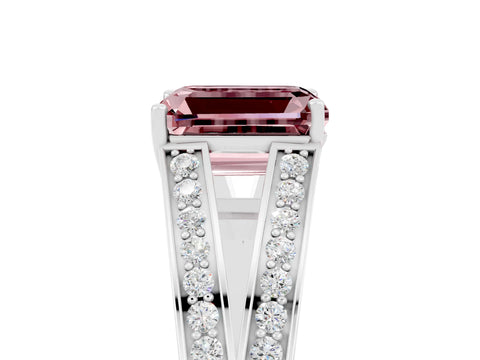 White gold Emerald Cut Morganite Split Shank Ring with Pavé Band and Four-Prong Setting_5