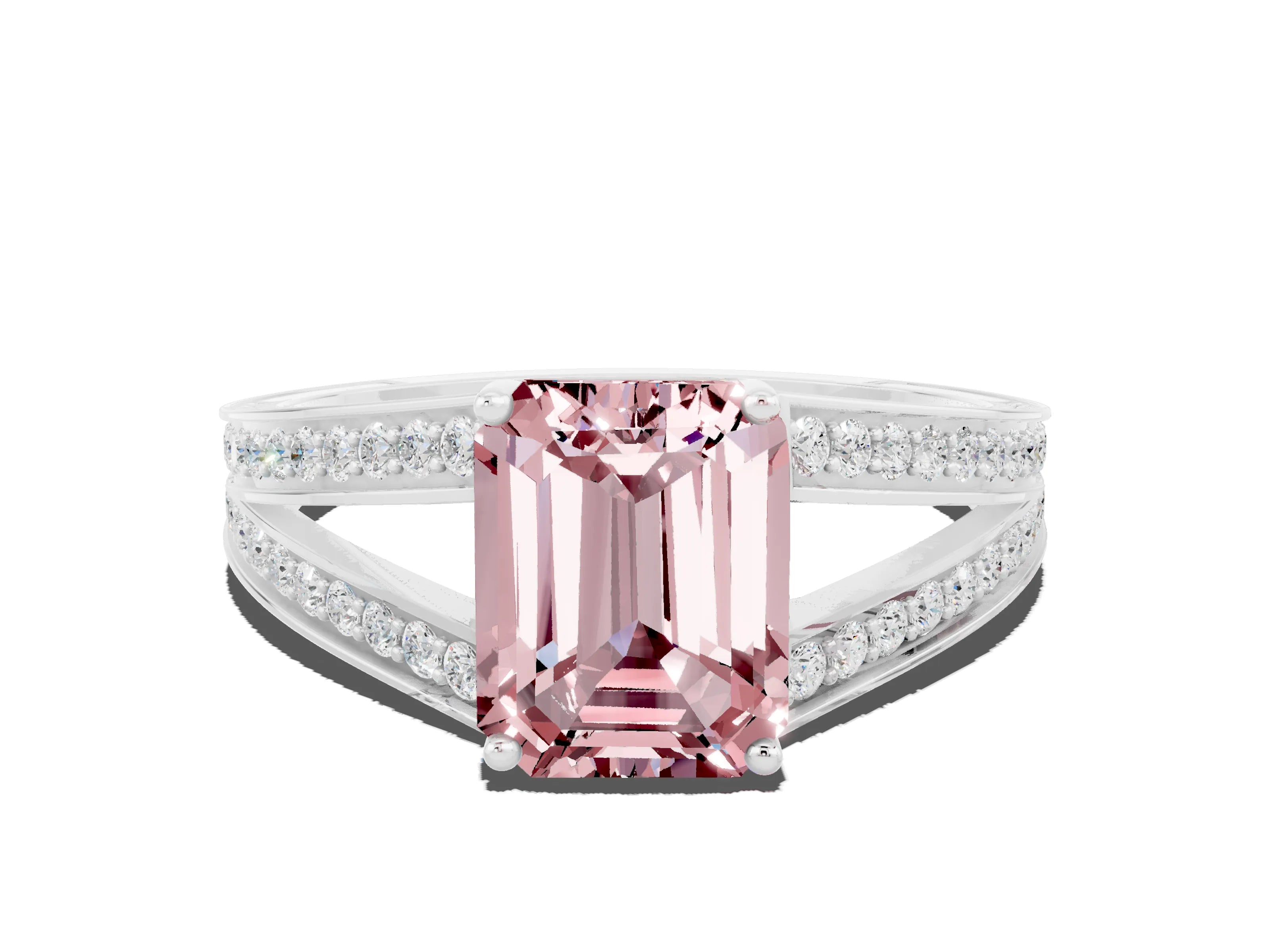 White gold Emerald Cut Morganite Split Shank Ring with Pavé Band and Four-Prong Setting
