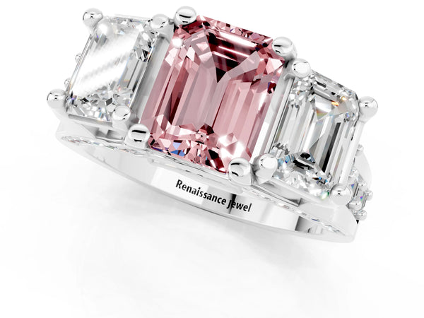 Silver Emerald Cut Morganite Three-Stone Ring with Channel Set Band and Four-Prong Setting