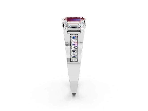 Platinum Emerald Cut Morganite Three-Stone Ring with Channel Set Band and Four-Prong Setting