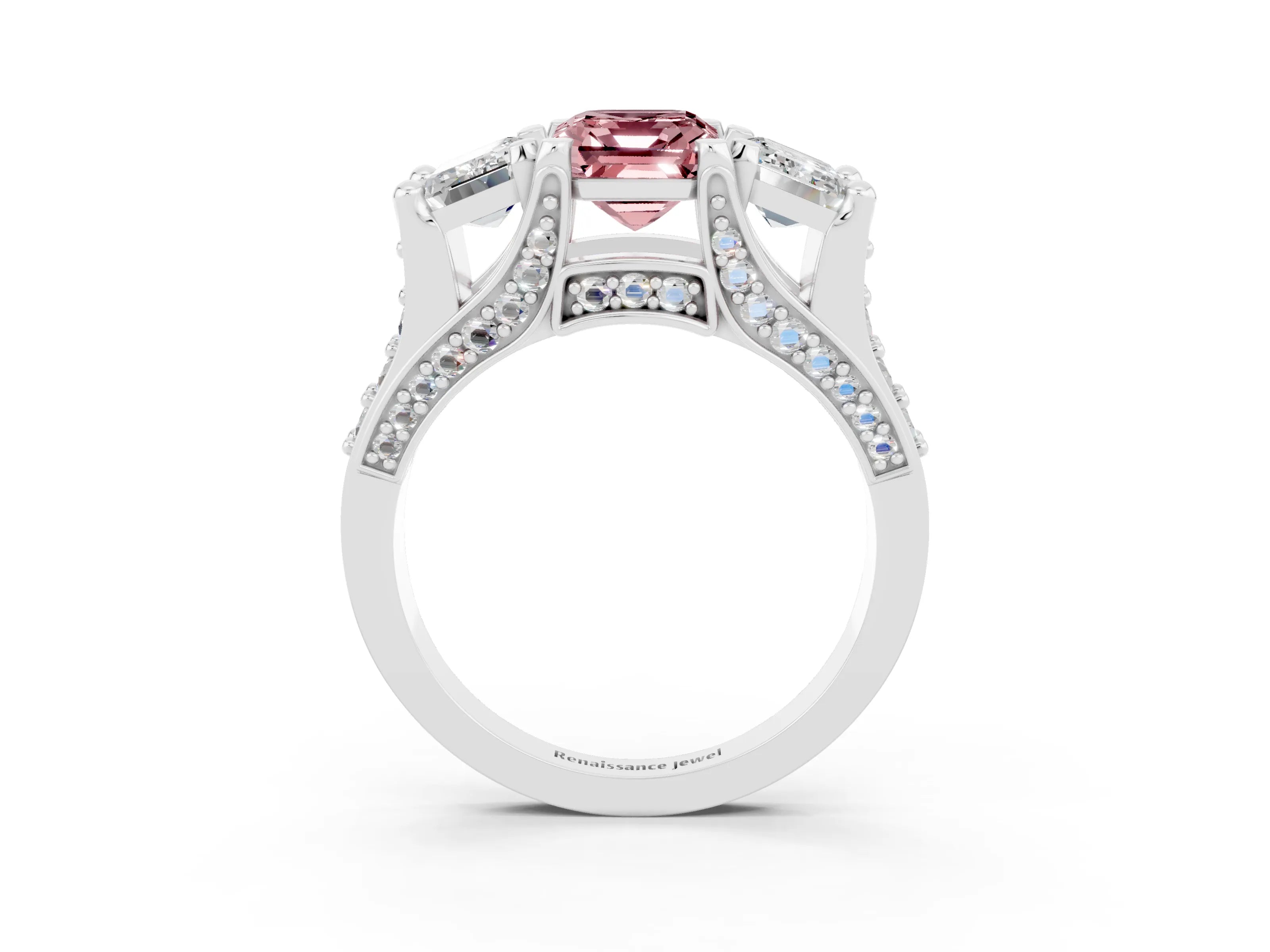 White gold Emerald Cut Morganite Three-Stone Ring with Channel Set Band and Four-Prong Setting_3