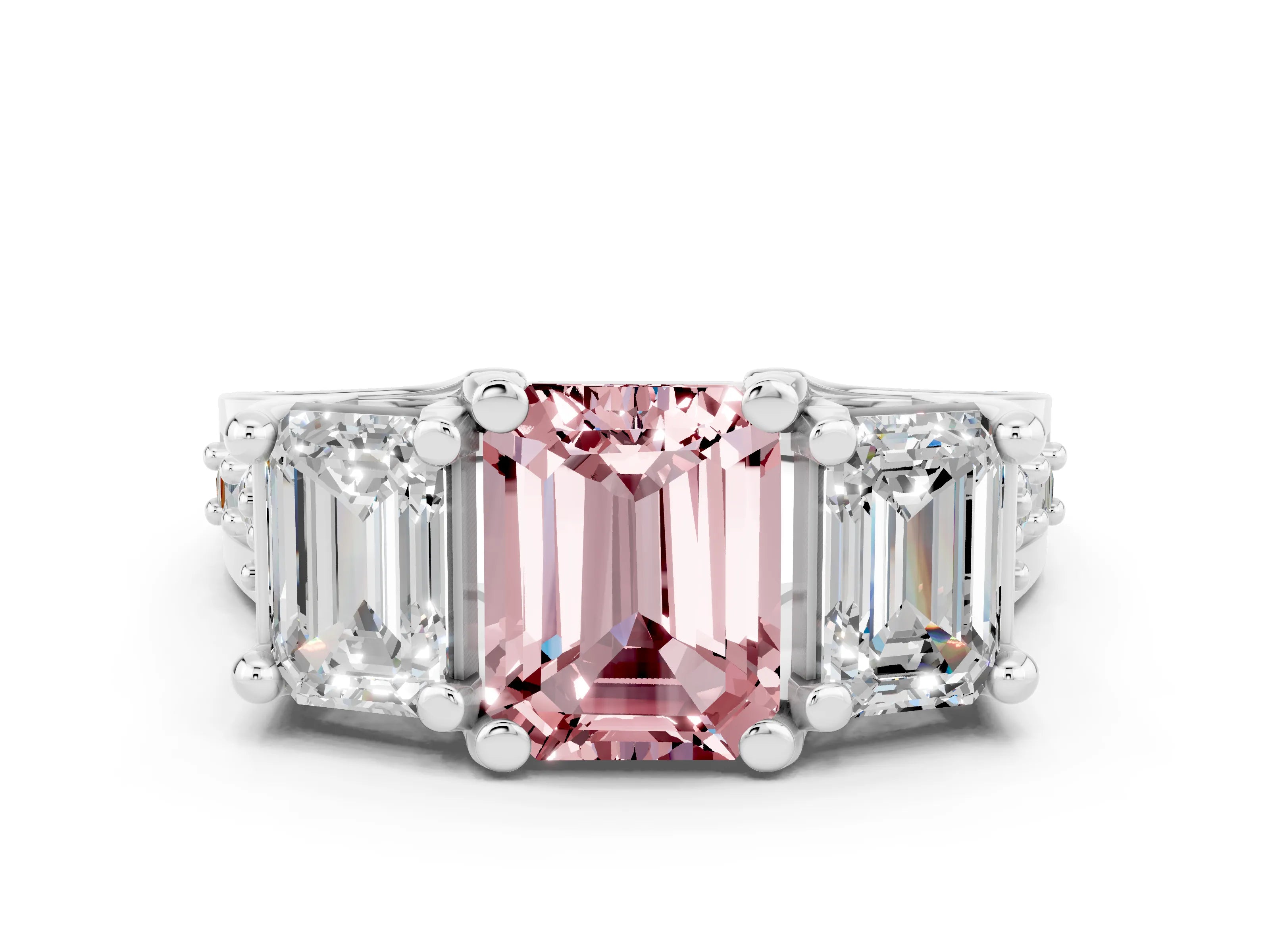 White gold Emerald Cut Morganite Three-Stone Ring with Channel Set Band and Four-Prong Setting