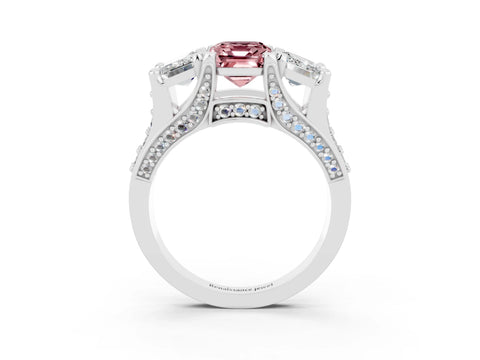 White gold Emerald Cut Morganite Three-Stone Ring with Channel Set Band and Four-Prong Setting_3