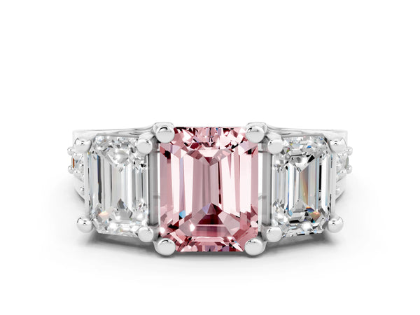 Silver Emerald Cut Morganite Three-Stone Ring with Channel Set Band and Four-Prong Setting