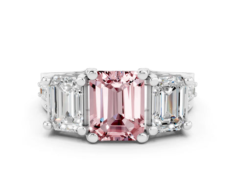 White gold Emerald Cut Morganite Three-Stone Ring with Channel Set Band and Four-Prong Setting