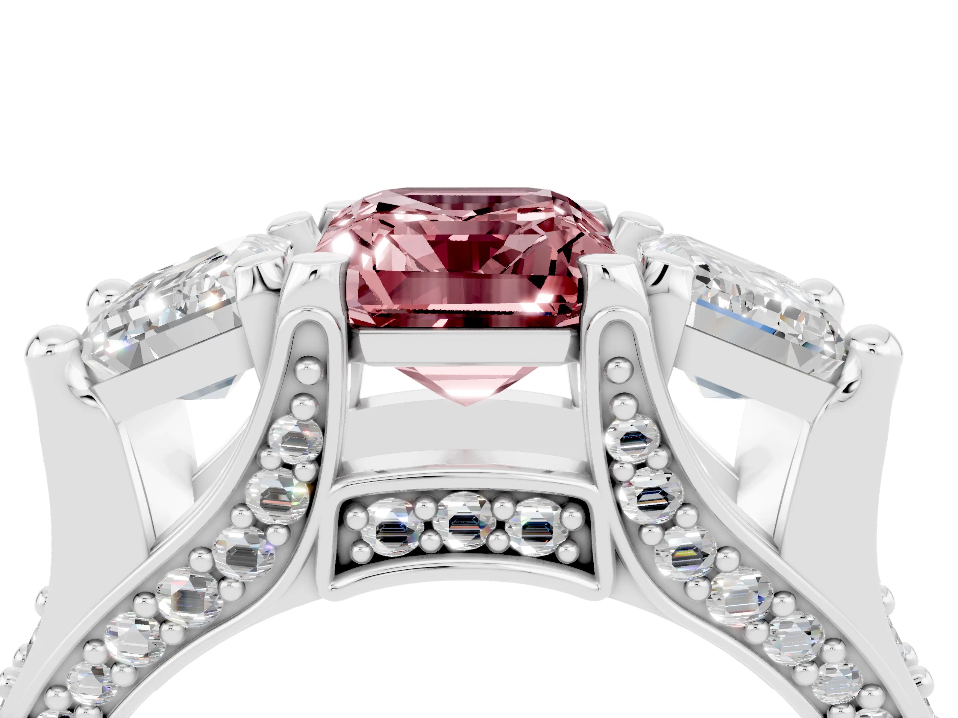 White gold Emerald Cut Morganite Three-Stone Ring with Channel Set Band and Four-Prong Setting_4