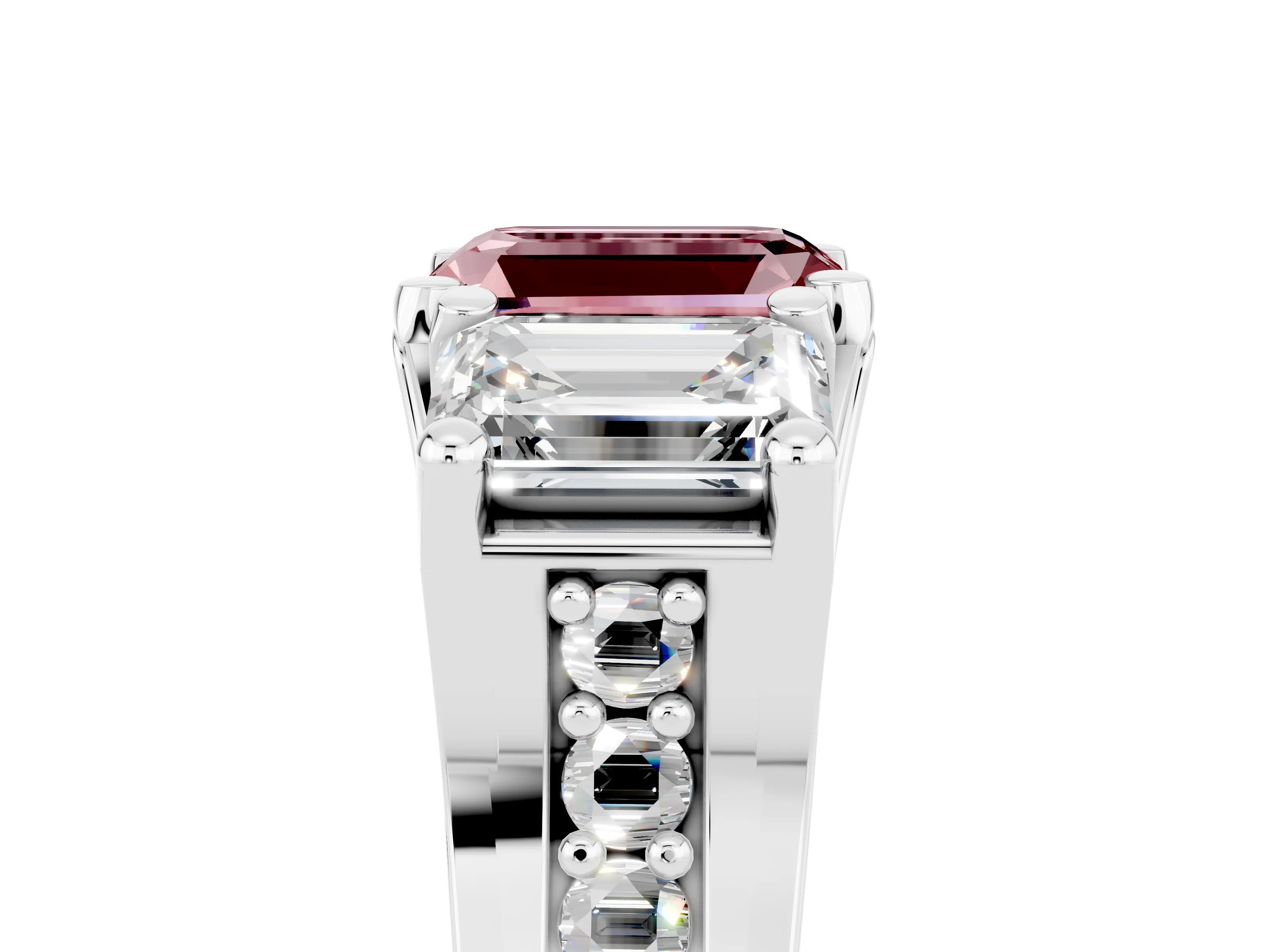 White gold Emerald Cut Morganite Three-Stone Ring with Channel Set Band and Four-Prong Setting_5