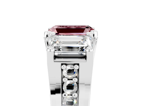 White gold Emerald Cut Morganite Three-Stone Ring with Channel Set Band and Four-Prong Setting_5