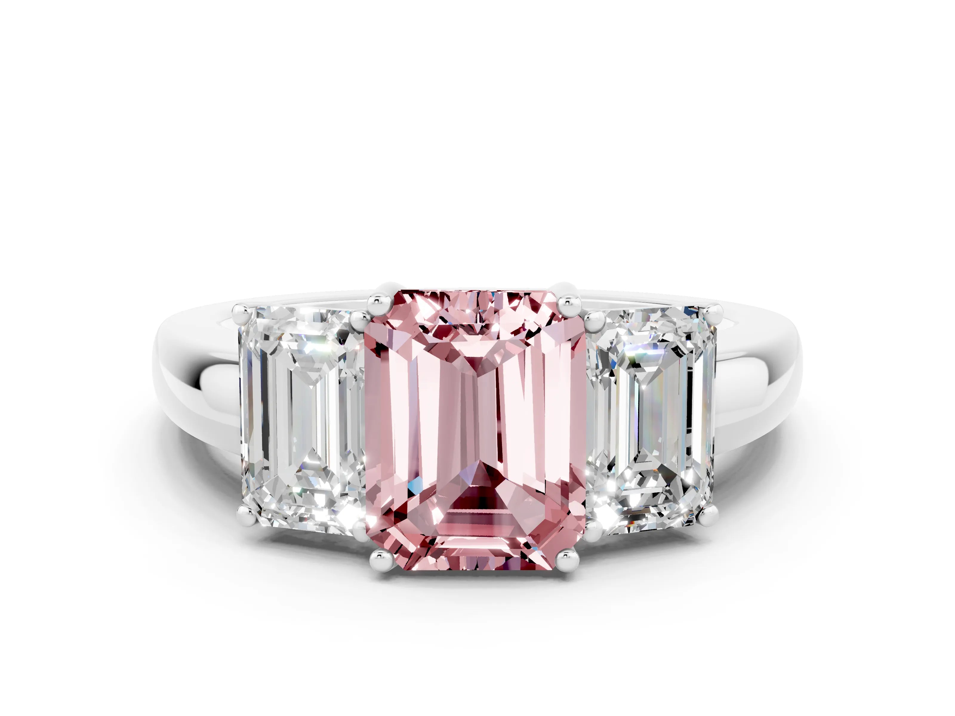 White gold Emerald Cut Morganite Three-Stone Ring with Four-Prong Setting and Classic Band