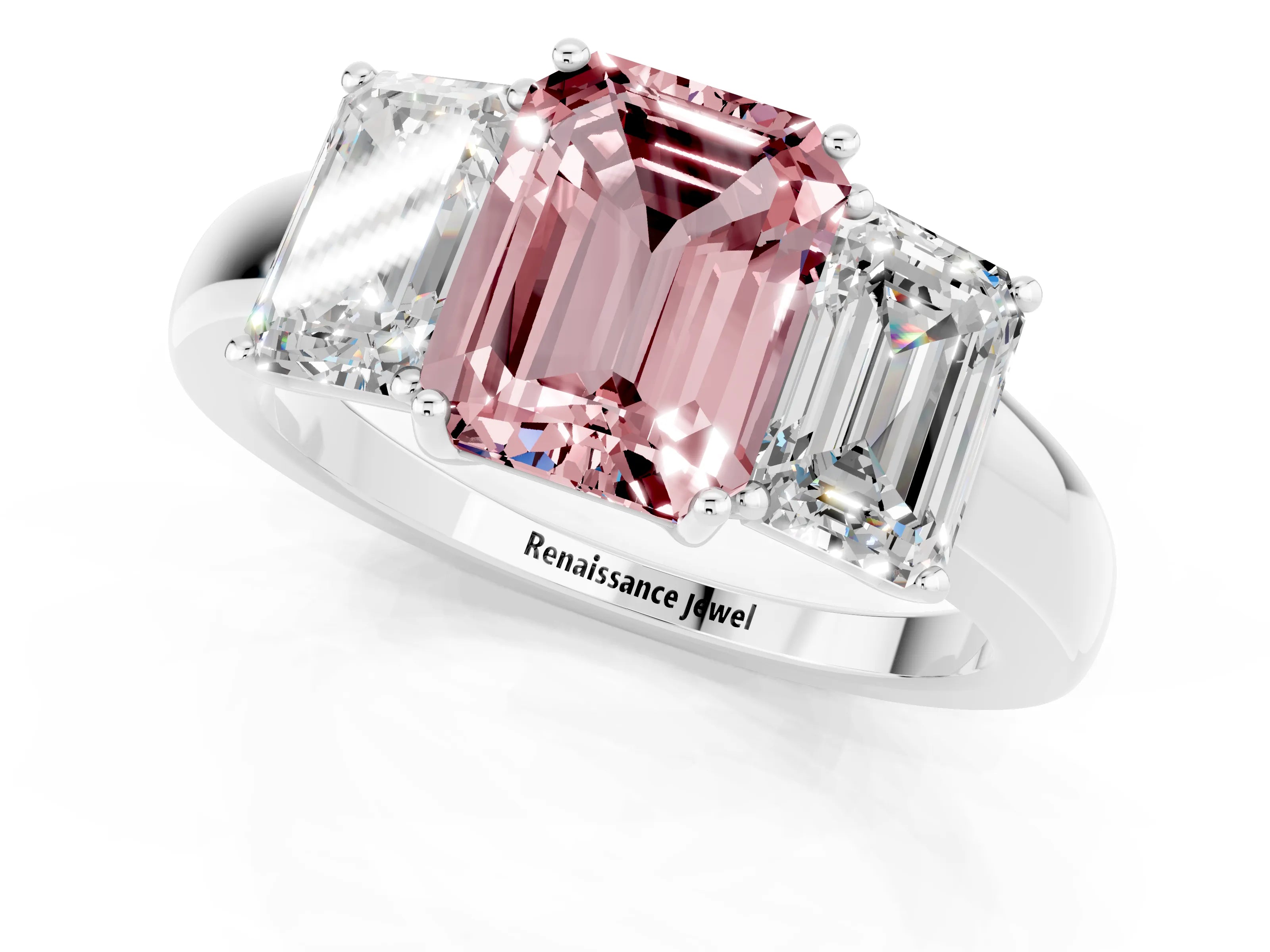 White gold Emerald Cut Morganite Three-Stone Ring with Four-Prong Setting and Classic Band_1