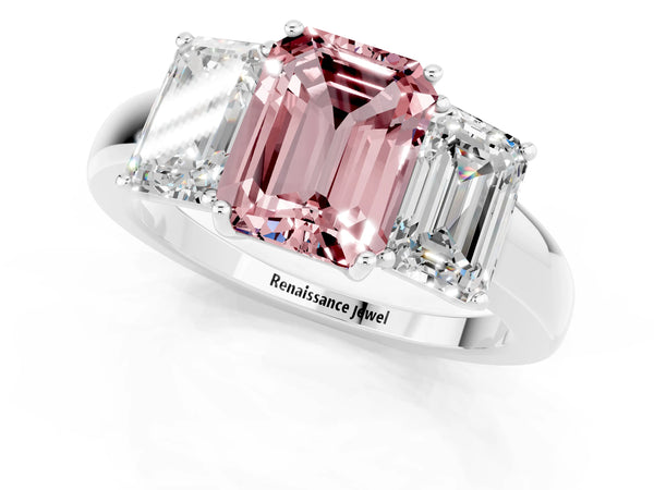 Silver Emerald Cut Morganite Three-Stone Ring with Four-Prong Setting and Classic Band