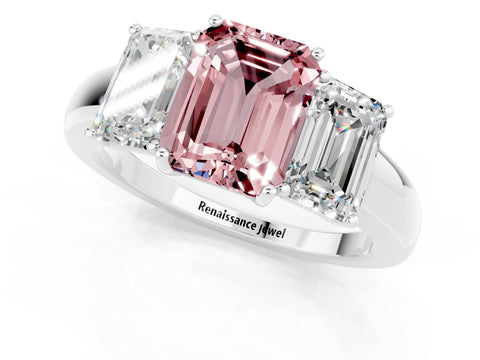 White gold Emerald Cut Morganite Three-Stone Ring with Four-Prong Setting and Classic Band_1