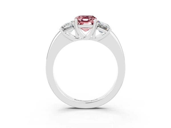 Silver Emerald Cut Morganite Three-Stone Ring with Four-Prong Setting and Classic Band