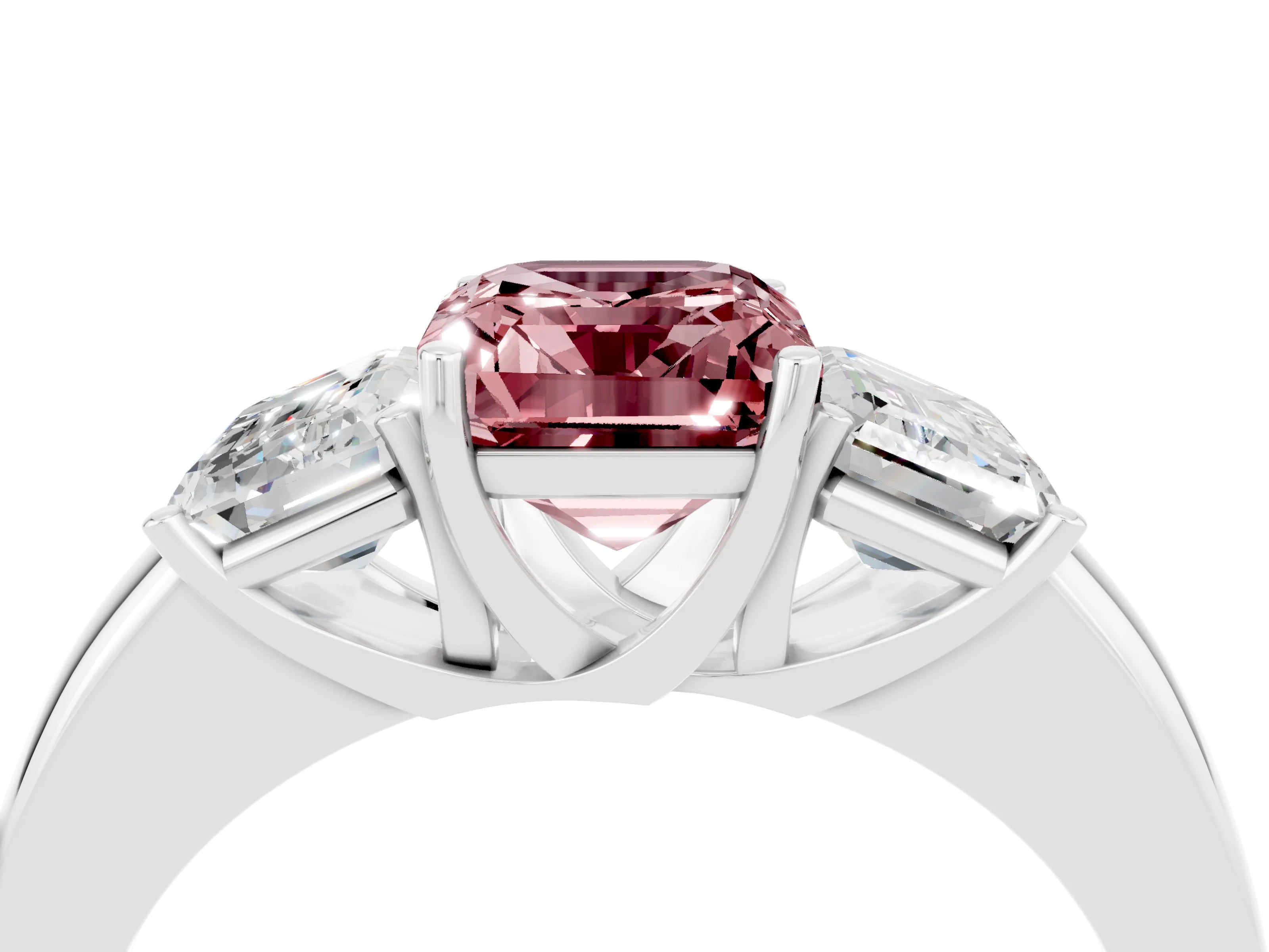 White gold Emerald Cut Morganite Three-Stone Ring with Four-Prong Setting and Classic Band_4