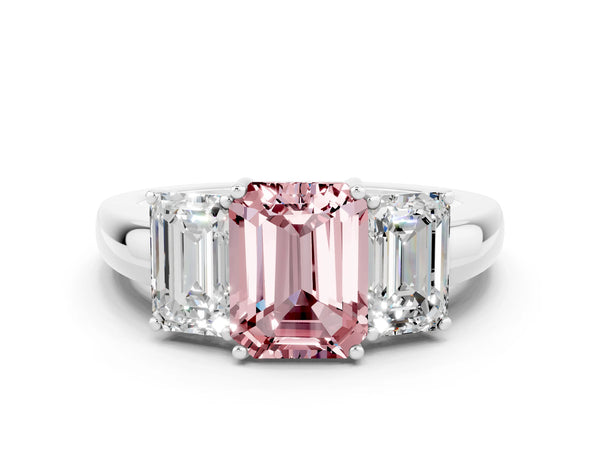 Silver Emerald Cut Morganite Three-Stone Ring with Four-Prong Setting and Classic Band