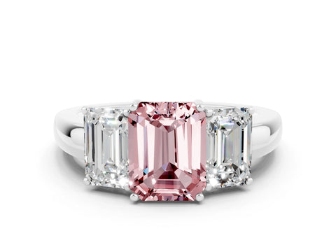 White gold Emerald Cut Morganite Three-Stone Ring with Four-Prong Setting and Classic Band
