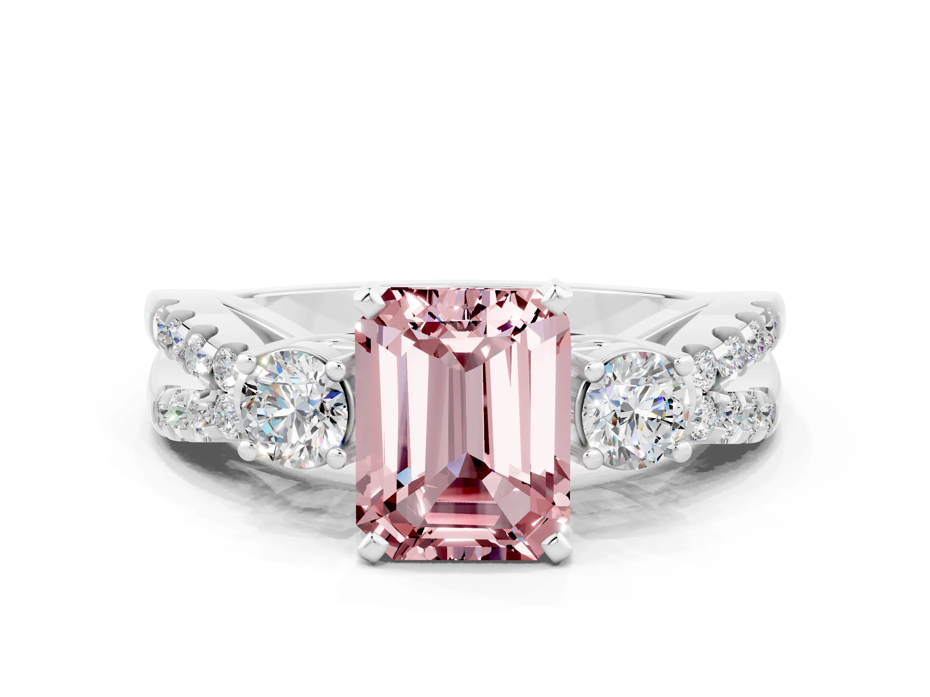 White gold Emerald Cut Morganite Three-Stone Ring with Pavé Split Shank and Four-Prong Setting