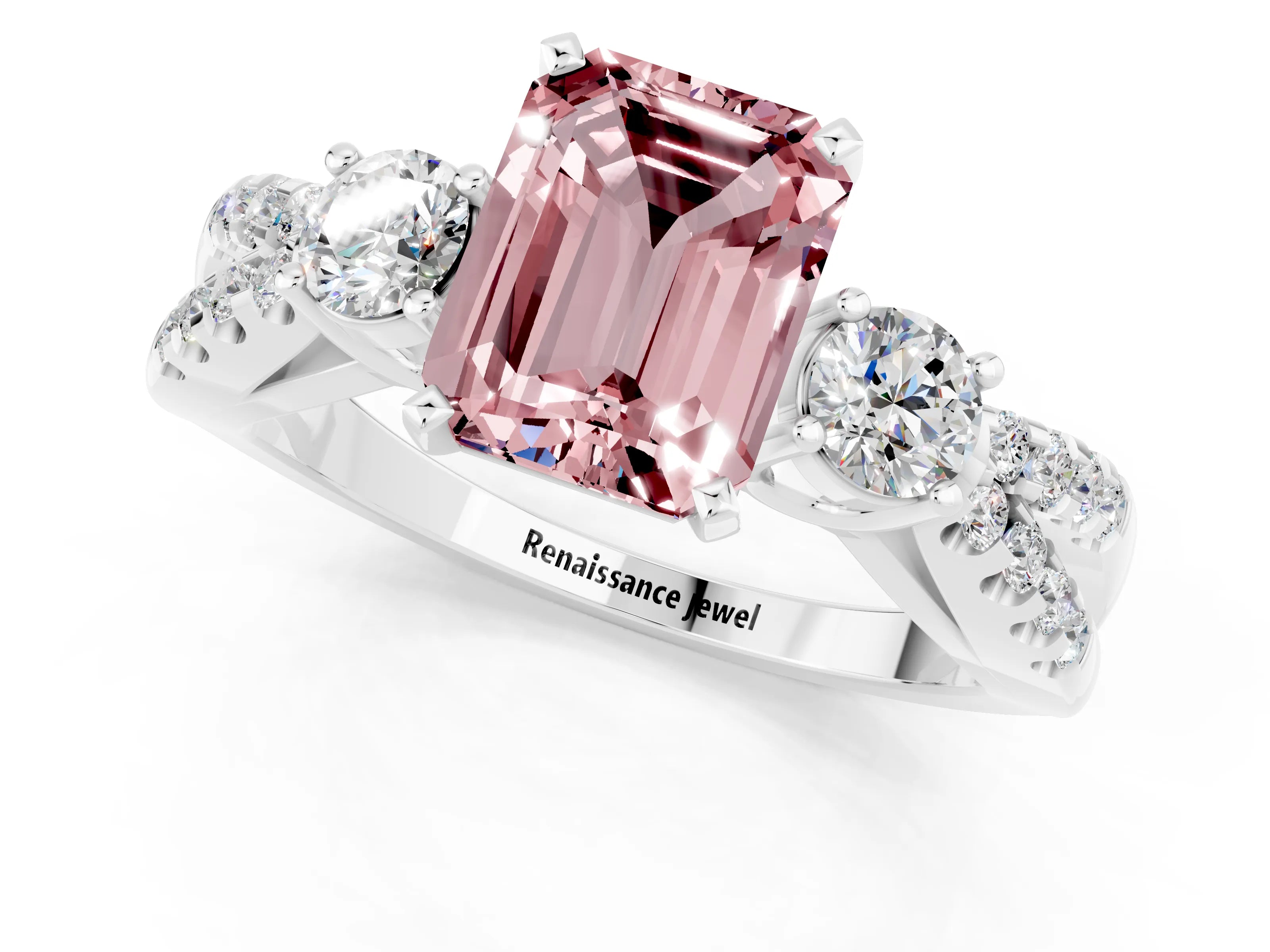 White gold Emerald Cut Morganite Three-Stone Ring with Pavé Split Shank and Four-Prong Setting_1