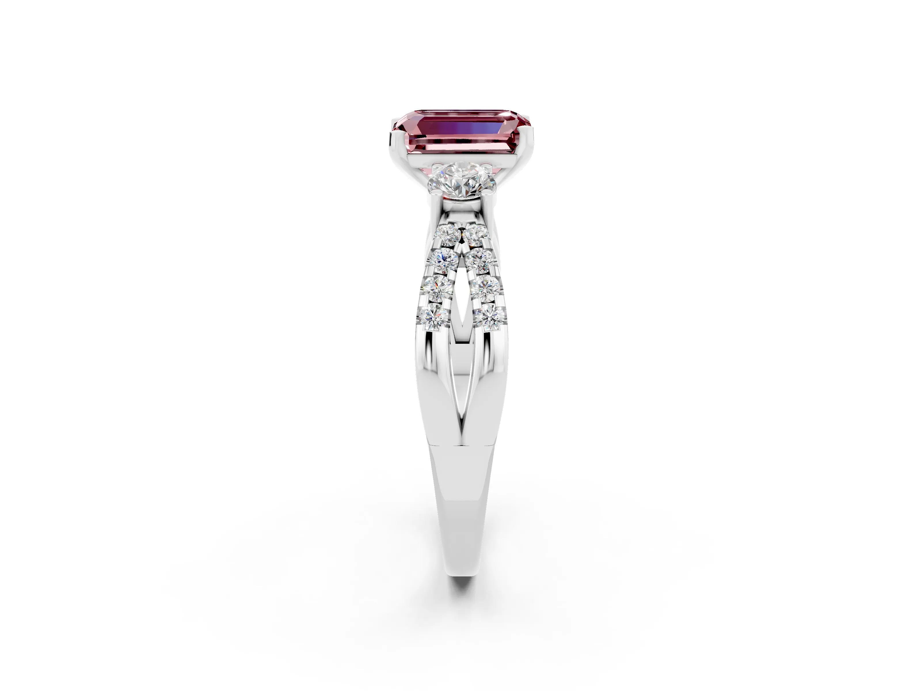 White gold Emerald Cut Morganite Three-Stone Ring with Pavé Split Shank and Four-Prong Setting_2